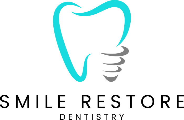 The image displays a logo with a stylized tooth design and a blue and white color scheme.